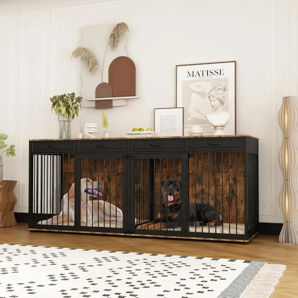 93" Extra Large Dog Crate with Double Rooms, Heavy Duty Wooden Dog Cage Furniture Dog Crate Kennel with Drawers & Removable