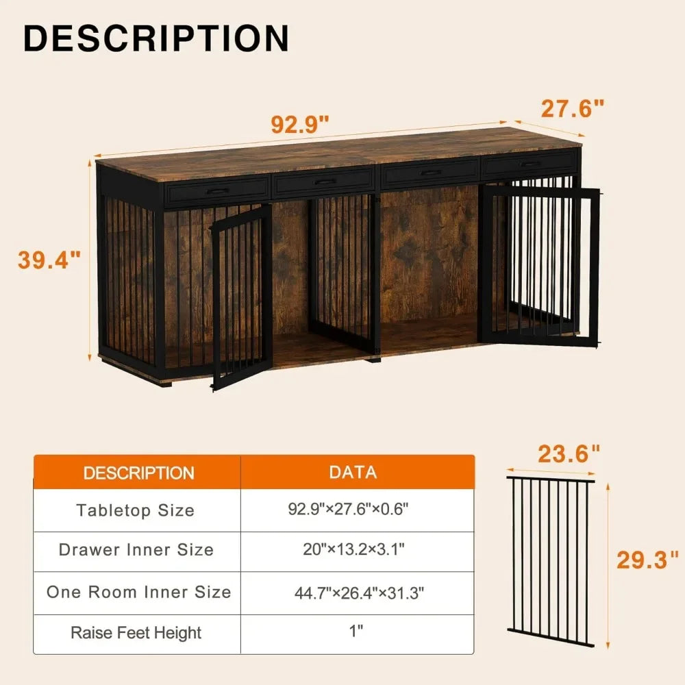 93" Extra Large Dog Crate with Double Rooms, Heavy Duty Wooden Dog Cage Furniture Dog Crate Kennel with Drawers & Removable