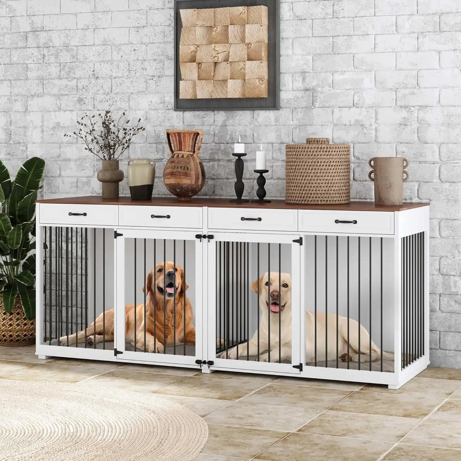 93" Extra Large Dog Crate with Double Rooms, Heavy Duty Wooden Dog Cage Furniture Dog Crate Kennel with Drawers & Removable