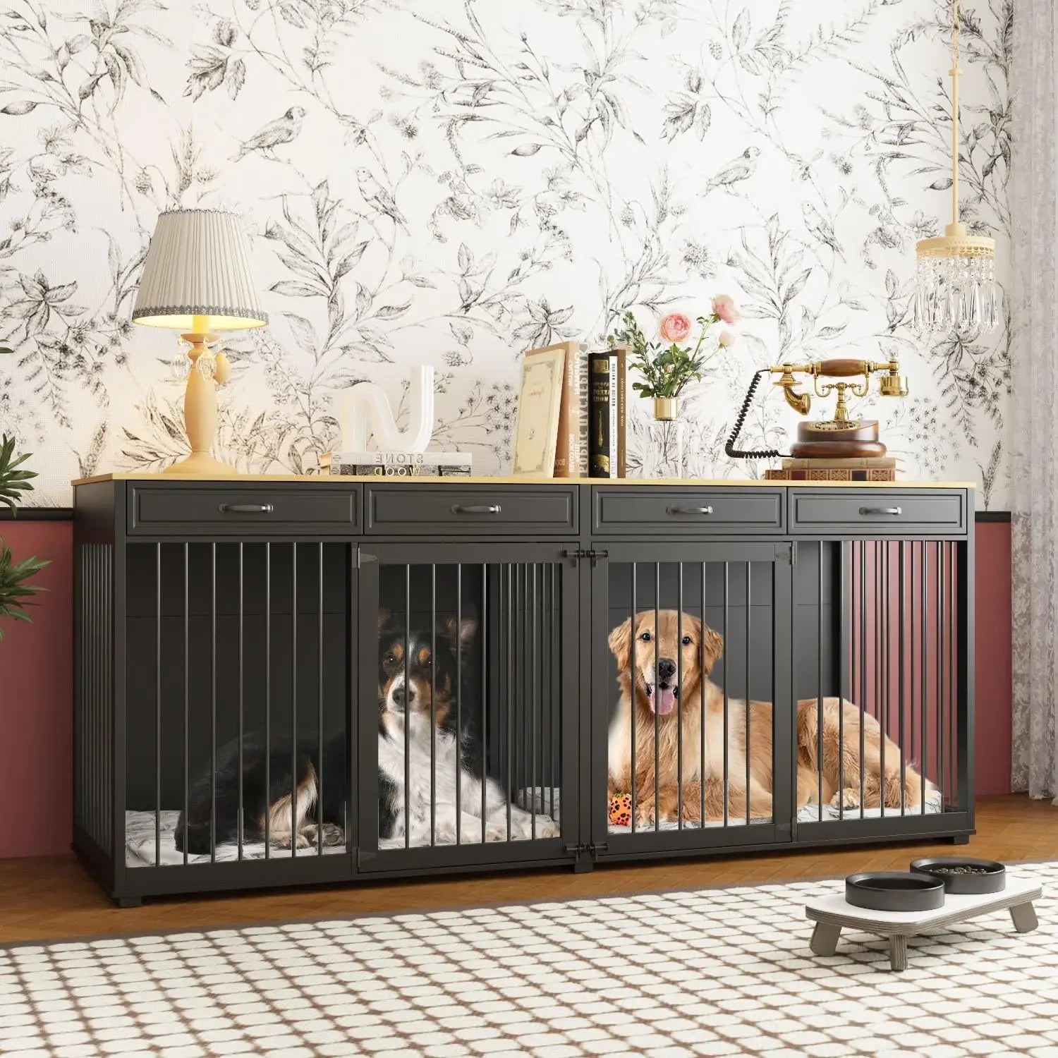 93" Extra Large Dog Crate with Double Rooms, Heavy Duty Wooden Dog Cage Furniture Dog Crate Kennel with Drawers & Removable