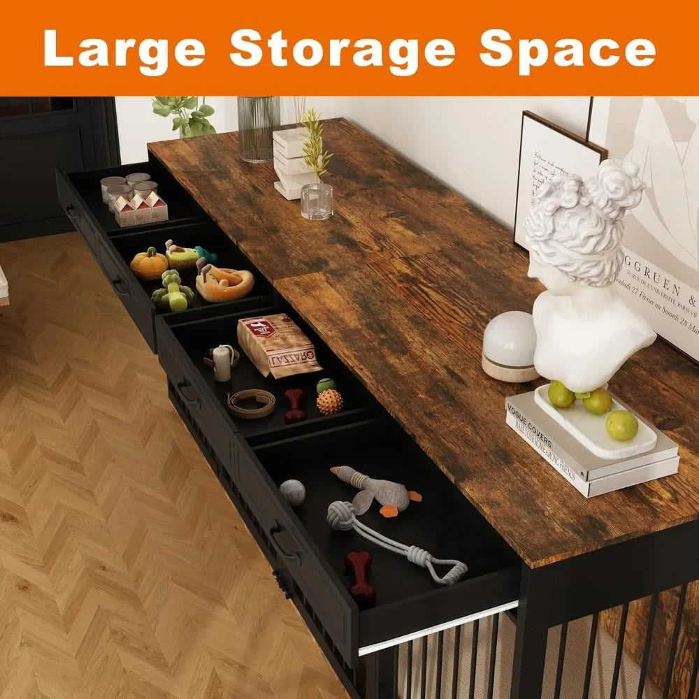 93" Extra Large Dog Crate with Double Rooms, Heavy Duty Wooden Dog Cage Furniture Dog Crate Kennel with Drawers & Removable