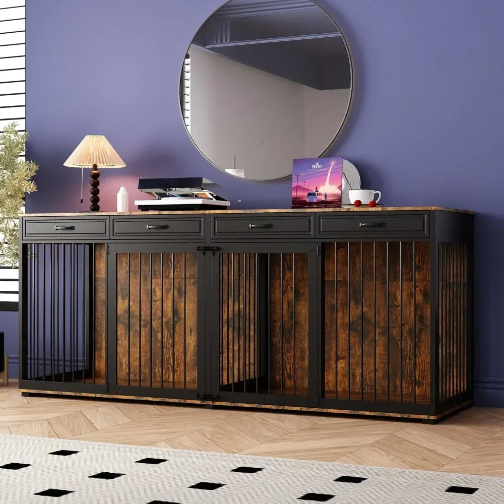 93" Extra Large Dog Crate with Double Rooms, Heavy Duty Wooden Dog Cage Furniture Dog Crate Kennel with Drawers & Removable