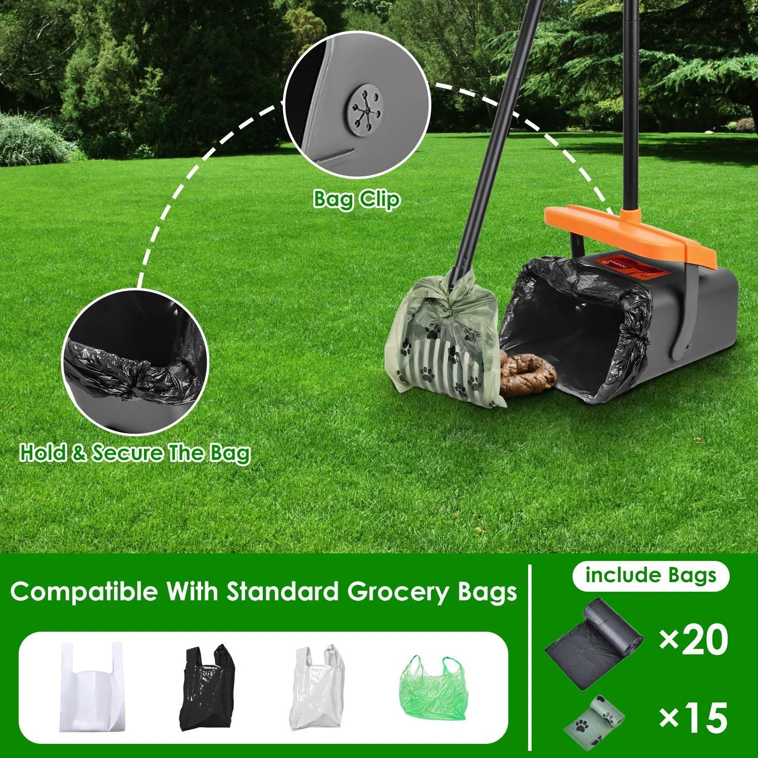 Dog Poop Shovel Tool Kit with Extra Long Handle and Waste Bag Dispenser