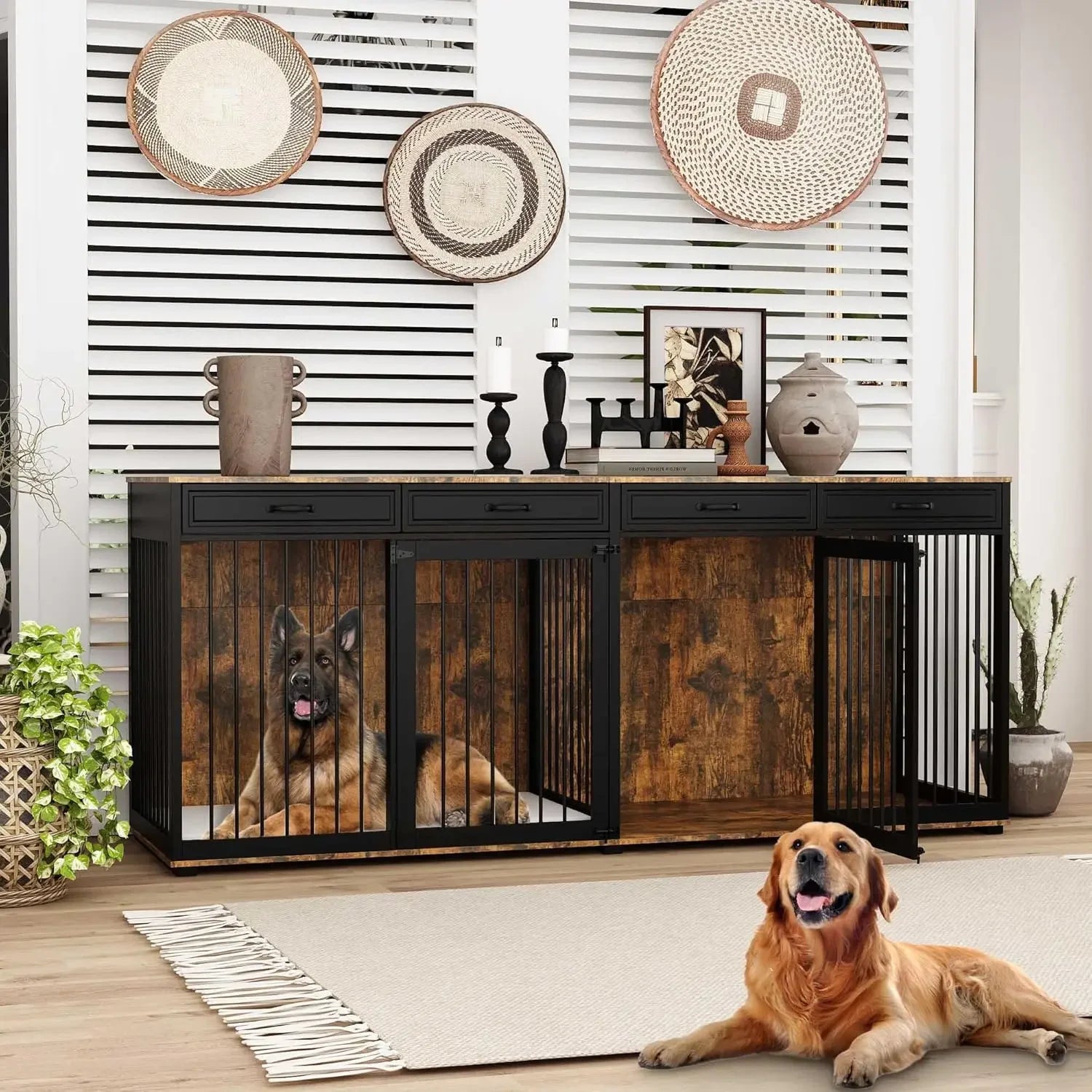 93" Extra Large Dog Crate with Double Rooms, Heavy Duty Wooden Dog Cage Furniture Dog Crate Kennel with Drawers & Removable